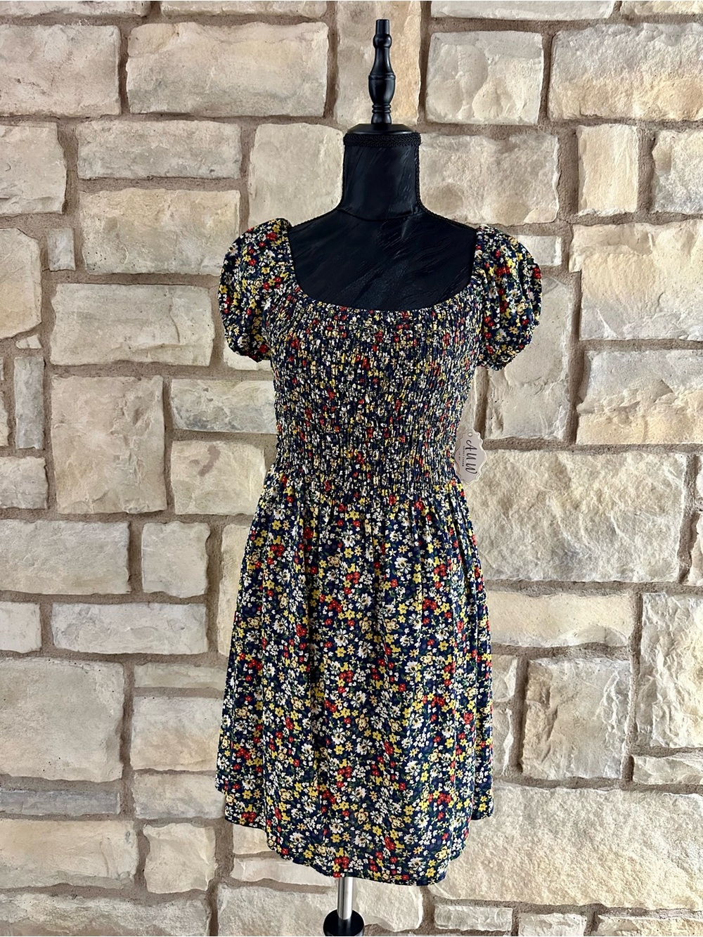 AUW Navy Floral Smocked Puff-Sleeve Mini Dress